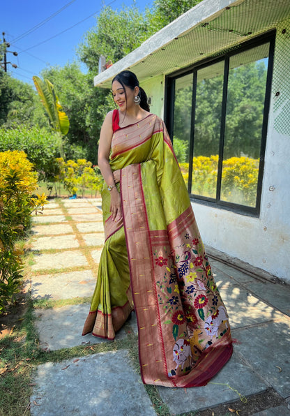 Pista CATALOG:GAURI  Pure soft paithani silk saree with rich weaved paithani pallu along with all over beautiful 3d traditional design patterns on the entire body having combination of gold and silver zari