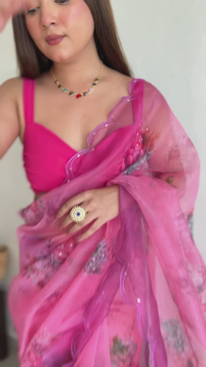 PINK PURE ORGANZA SILK SAREE WITH ELEGANT FLORAL PRINT & SEQUINS WORK BORDER