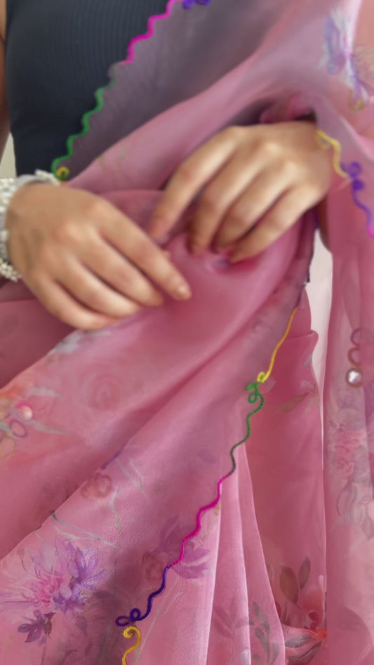 LAVENDER ELEGANT FLOWER-PRINTED SAREE WITH GOTA WORK AND CUTWORK BORDER