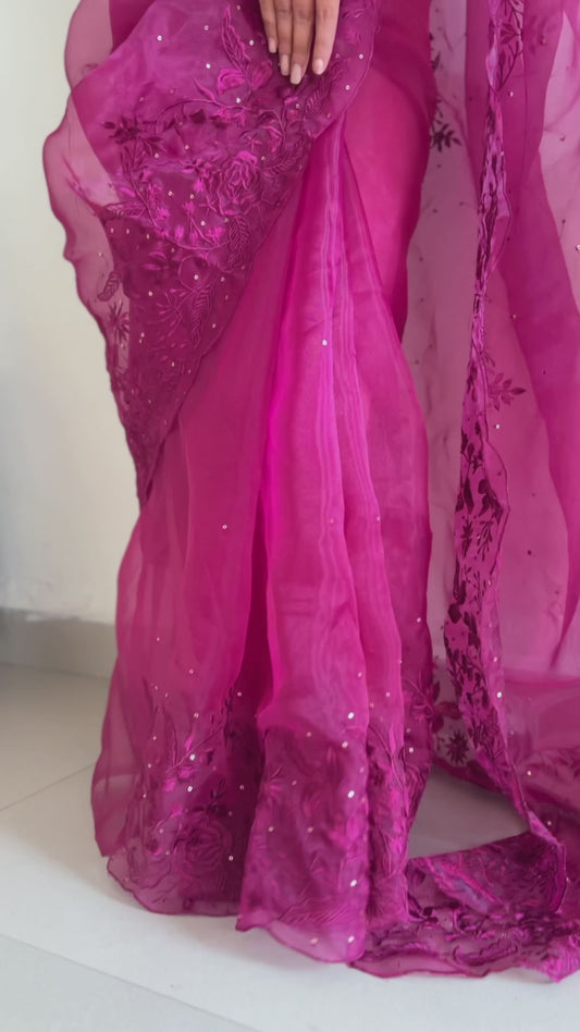 PURPLE SOFT PURE ORGANZA SAREE WITH VISCOSE THREAD EMBROIDERY & SEQUINS WORK