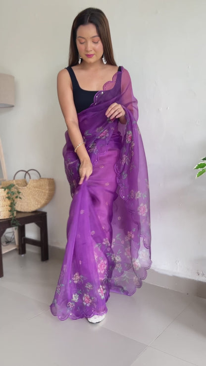 PURPLE PURE ORGANZA SILK SAREE WITH ELEGANT FLORAL PRINT & SEQUINS WORK BORDER