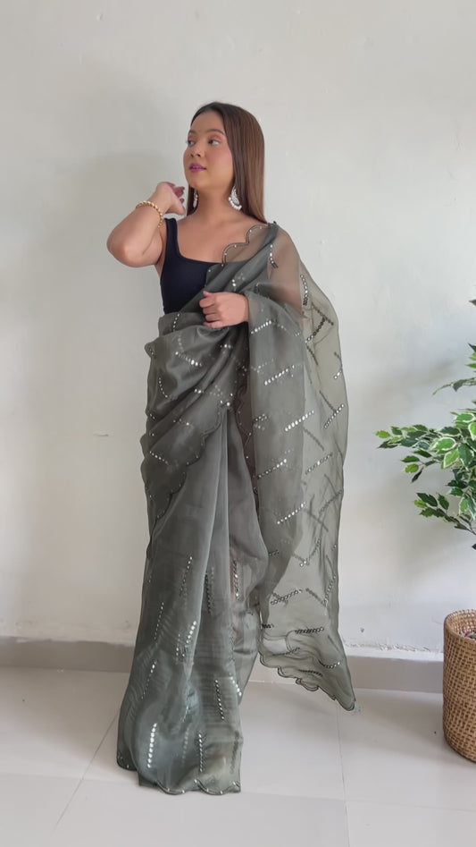 Grey Sequence Mirror Organza Saree with Embroidery & Arco Cutwork Border