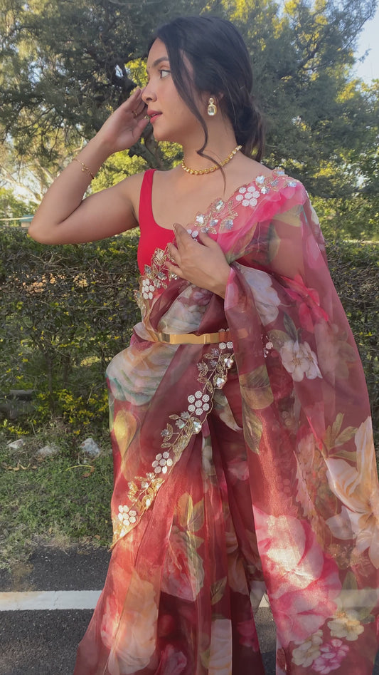 Red Floral Printed Saree with Handwork & Cutwork Border