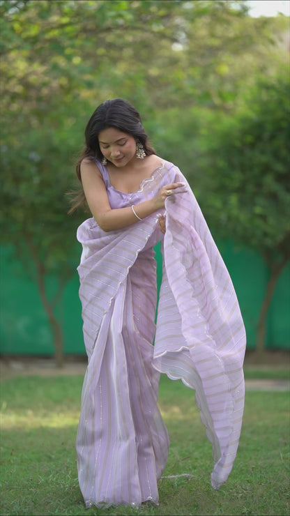 LAVENDER ELEGANT SEQUINS SAREE WITH GOLDEN WEAVING LINES & ARCO CUTWORK BORDER