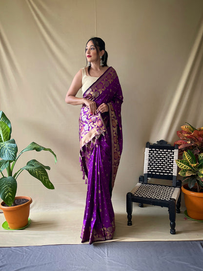 PURPLE SOFT SILK SAREES WITH GOLD ZARI WEAVING