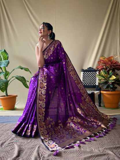 PURPLE SOFT SILK SAREES WITH GOLD ZARI WEAVING