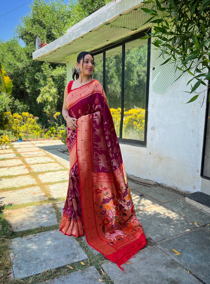 Wine Pure soft paithani silk saree